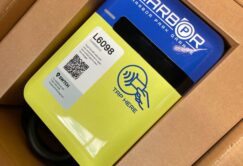 Harbor Park charger in a box, labeled with a QR code and 