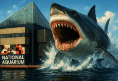 A giant shark with its mouth open emerges from the water in front of a modern building labeled 