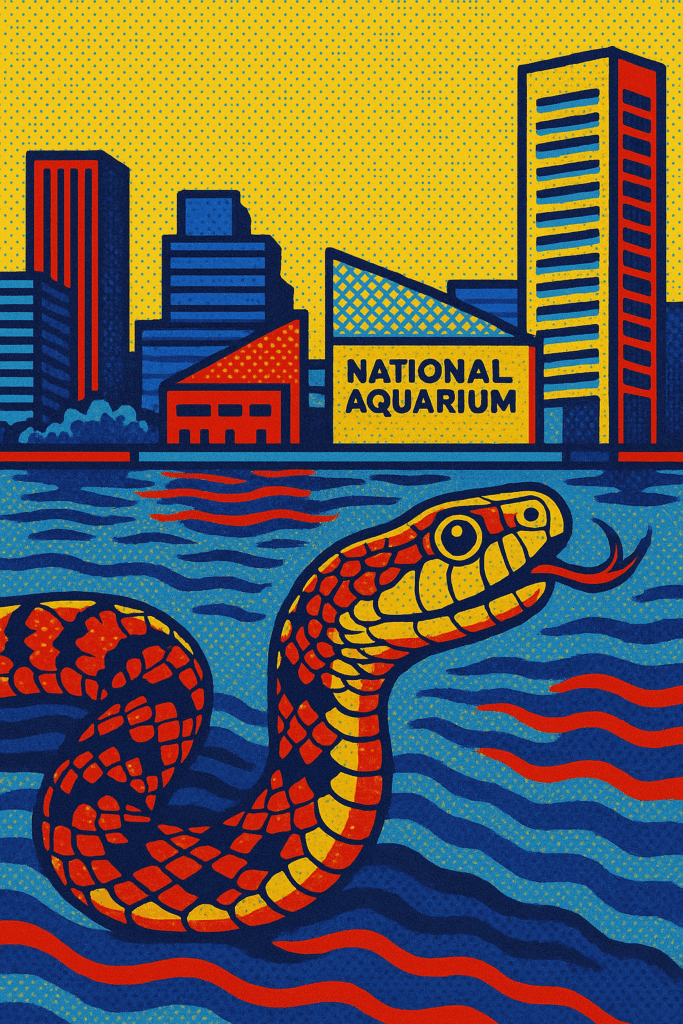 Illustration of a snake in water with a city skyline and buildings labeled "National Aquarium" in the background, using bold yellow, blue, red, and orange colors.