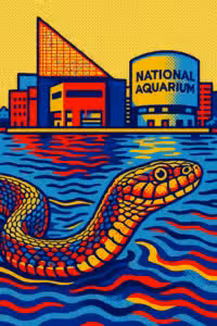 Illustration of a snake swimming in water in front of the National Aquarium building, with bold yellow, red, and blue colors.