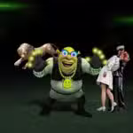 A cartoon ogre with glowing hands stands in the center, flanked by a bronze lion statue and two people posing, one in a white outfit and the other in dark attire, against a dark background.