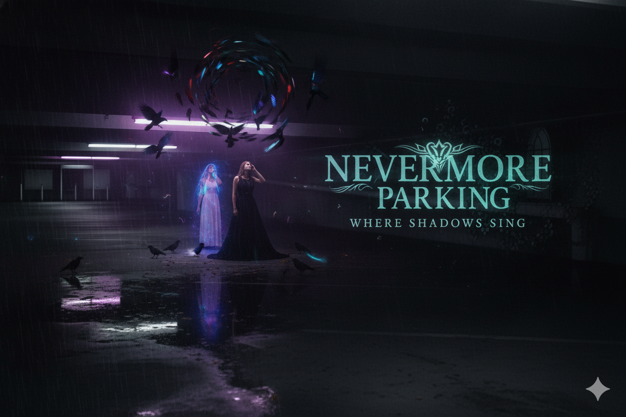 Two figures, one glowing blue and one in dark clothing, stand in a wet, dimly lit parking garage surrounded by crows, with the sign 