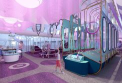Children and adults interact with various play structures and activity stations in a brightly lit, modern indoor play area with purple and blue decor.