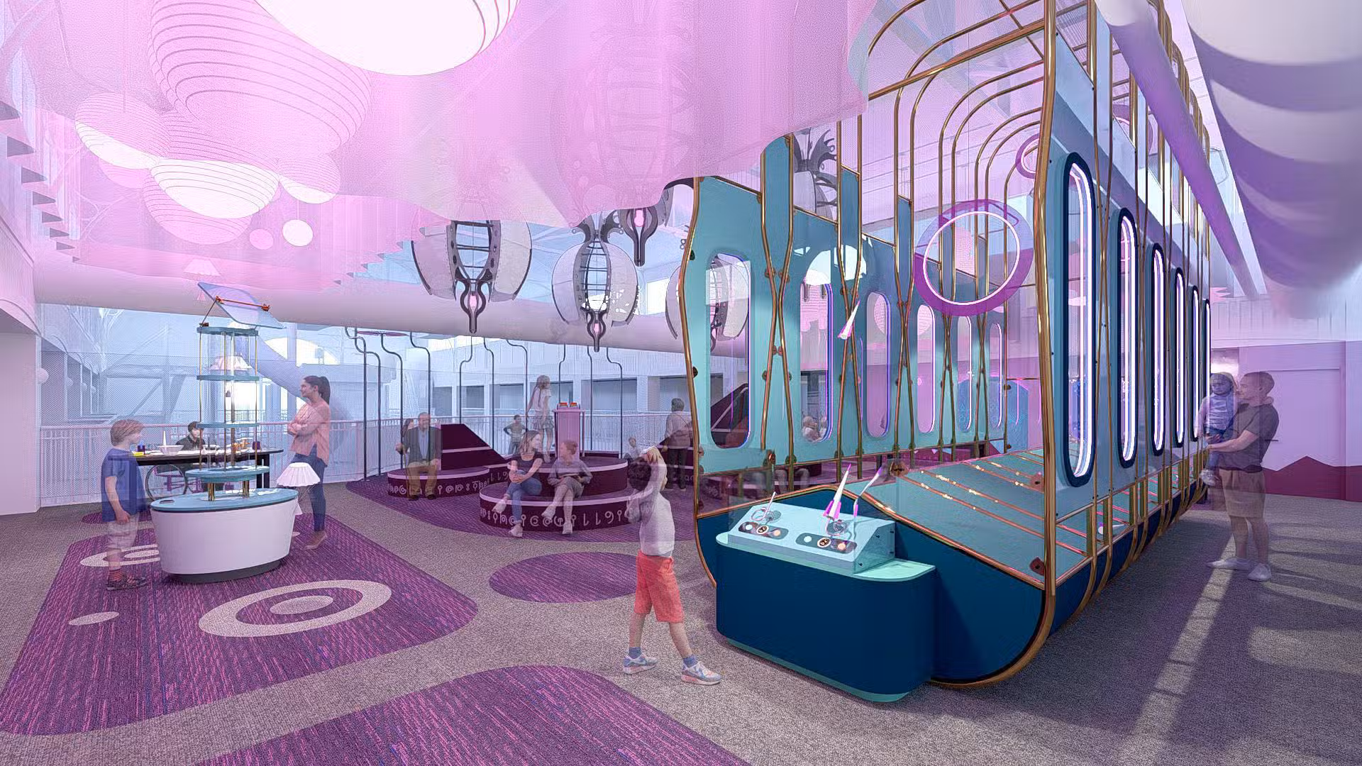 Children and adults interact with various play structures and activity stations in a brightly lit, modern indoor play area with purple and blue decor.