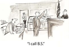A lawyer stands in a courtroom, pointing and saying, “I call B.S.,” while the judge, jury, and others look on.