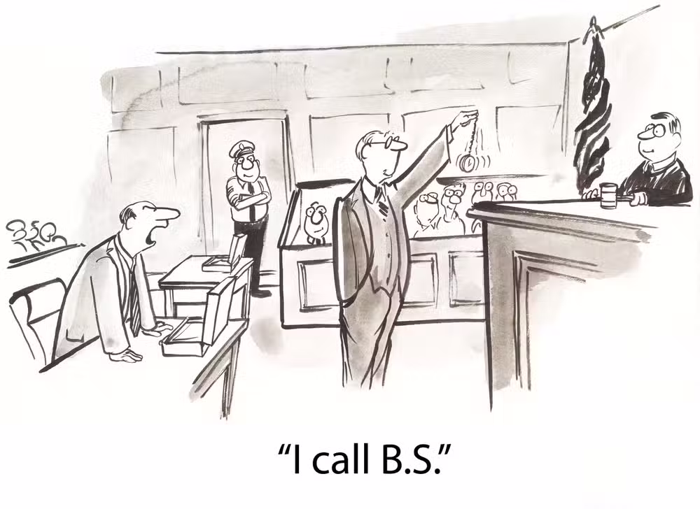A lawyer stands in a courtroom, pointing and saying, “I call B.S.,” while the judge, jury, and others look on.