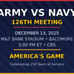 Graphic with text announcing the Army vs Navy 126th meeting on December 13, 2025, at M&T Bank Stadium, Baltimore, 3:00 PM ET on CBS, celebrating 250 years of service.