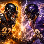 Two American football players, one in a Pittsburgh Steelers uniform and one in a Baltimore Ravens uniform, face off with intense expressions amid fiery and electric effects.