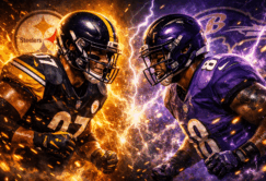Two American football players, one in a Pittsburgh Steelers uniform and one in a Baltimore Ravens uniform, face off with intense expressions amid fiery and electric effects.