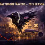 Digital artwork showing a stylized raven with football stitching, graphs, and Baltimore skyline, labeled 