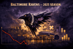 Digital artwork showing a stylized raven with football stitching, graphs, and Baltimore skyline, labeled 
