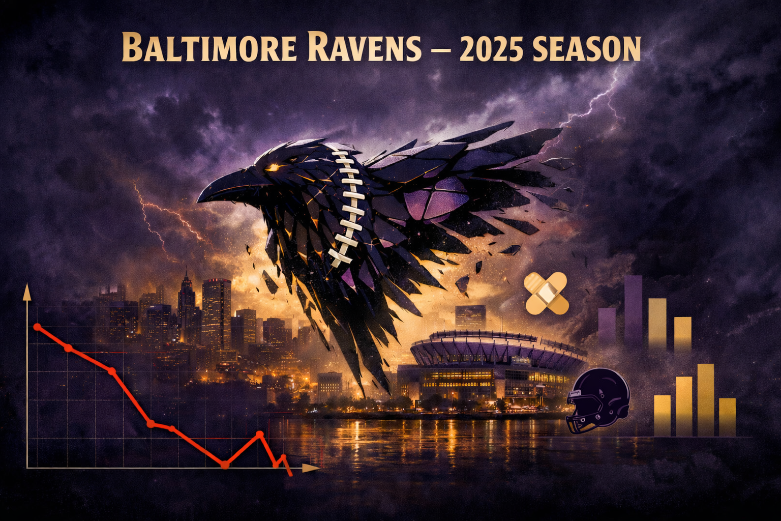 Digital artwork showing a stylized raven with football stitching, graphs, and Baltimore skyline, labeled 